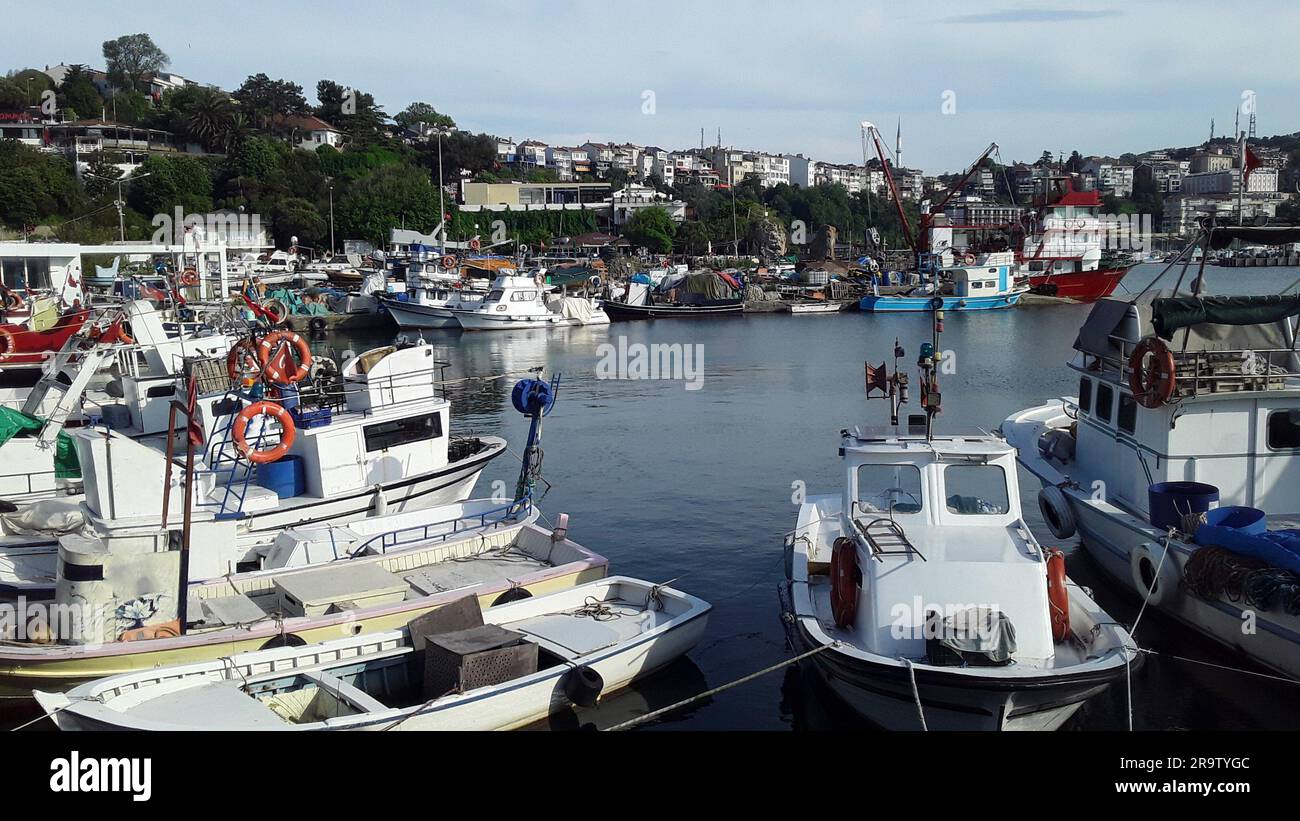 Şile fisherman's shelter. Fishing boats, sea, sky and hills. Şile, Istanbul Turkey. Stock Photo