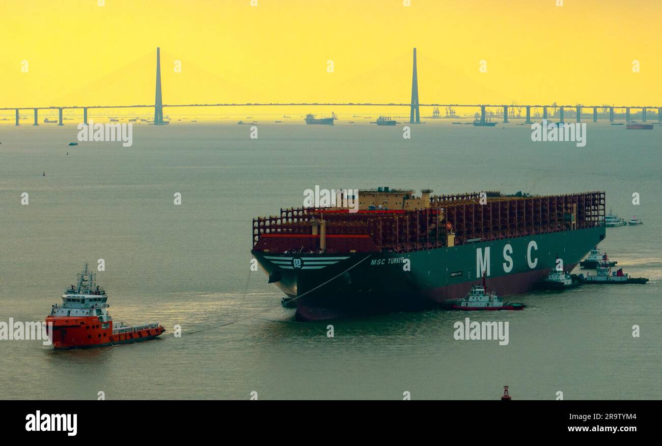 Aerial photo shows the world's largest newly built container vessel ...
