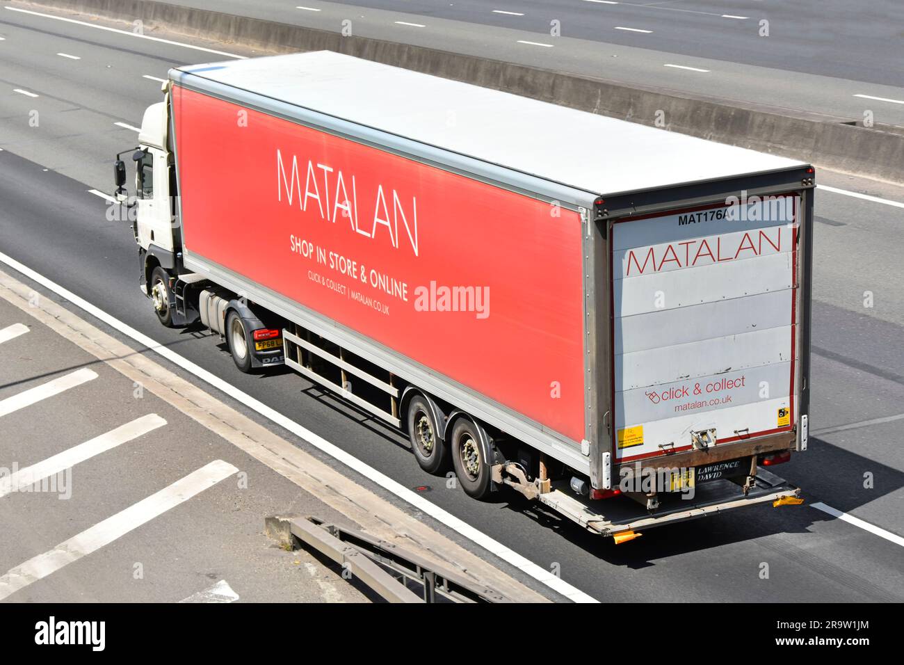 Side & back view supply chain lorry truck & semi trailer promoting brand name logo to click