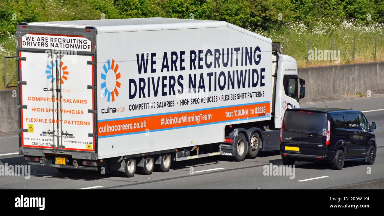 Recruitment driver vacancy advertising by Culina Group on side of own semi trailer for lorry truck drivers nationwide M25 motorway road England UK Stock Photo