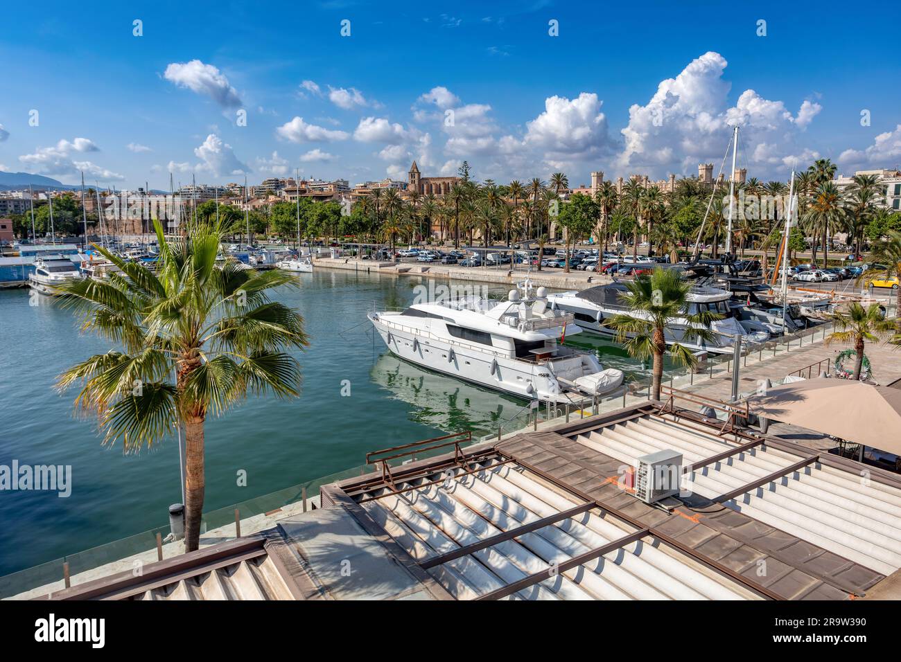 Scenic view of capital city Palma de Mallorca port. Sunny day with blue
