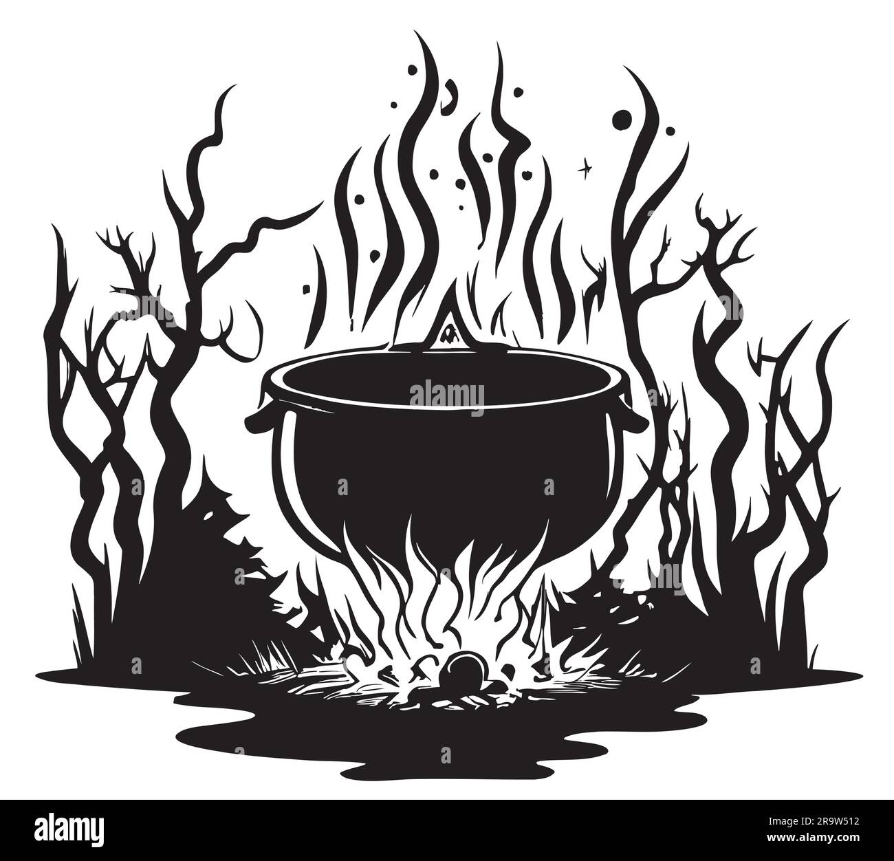 Witch cauldron on fire in the forest hand drawn sketch Halloween illustration Stock Vector