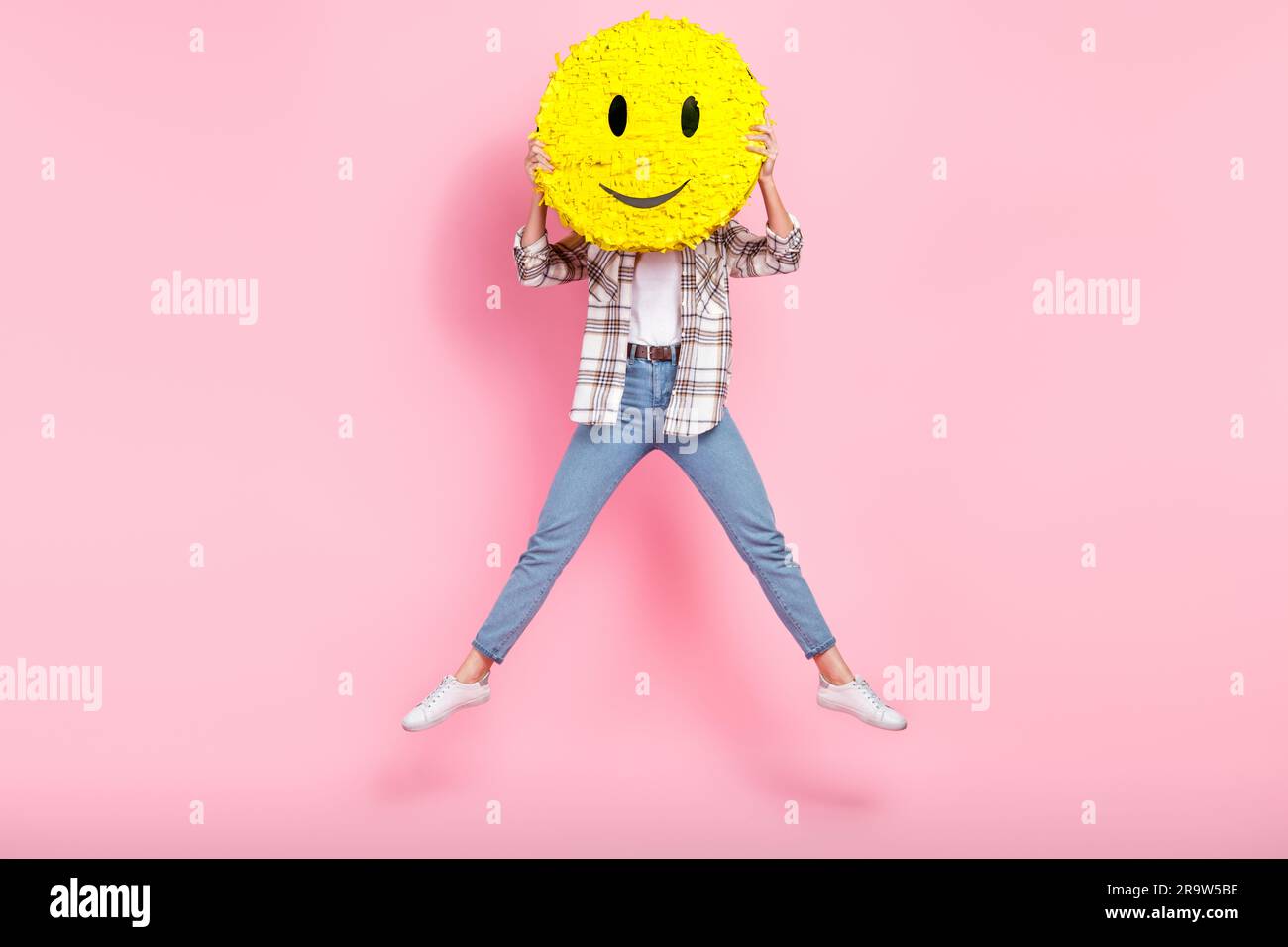 Full body size photo of jump overjoyed crazy blogger lady hiding her ...