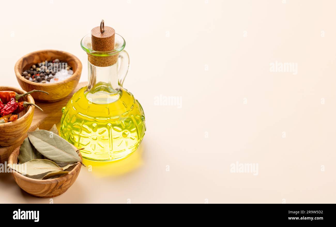 Various dried spices and olive oil with copy space Stock Photo