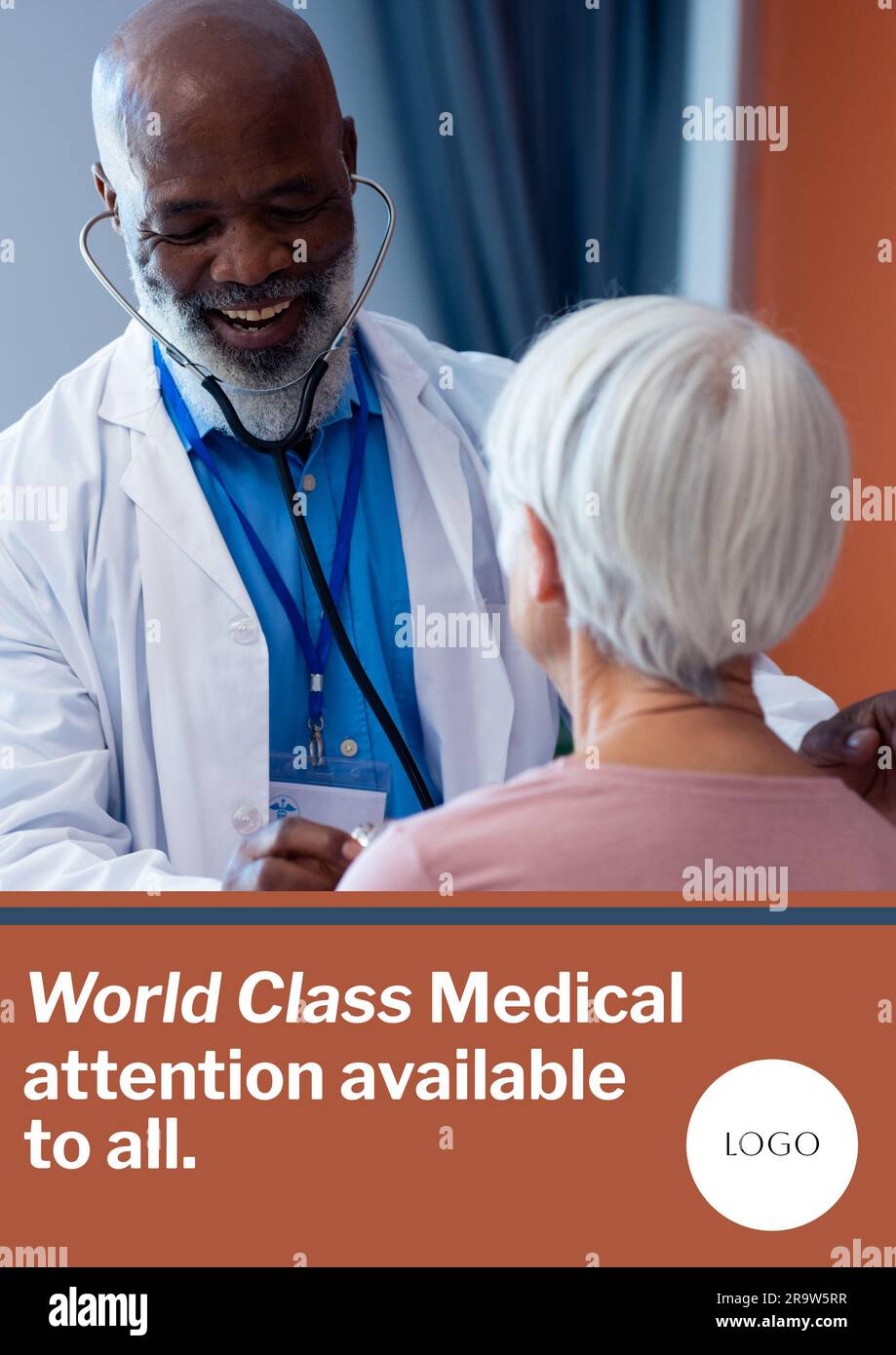World class medical attention text and logo space over diverse senior male doctor and female patient Stock Photo