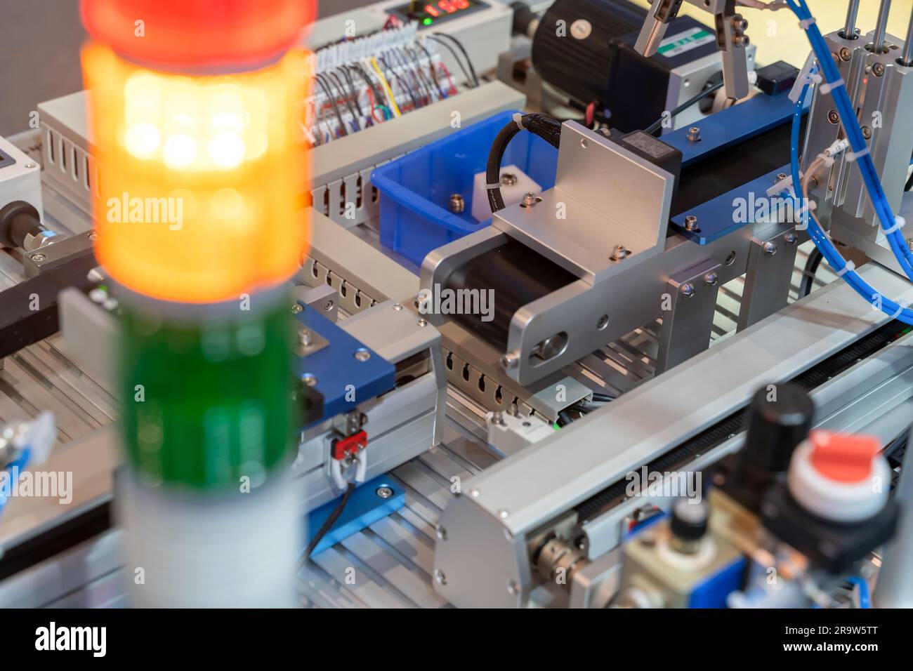 close up view of modern automatic assembly line in factory. technology ...