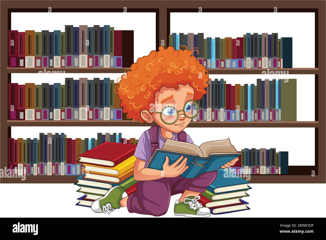 Curly hair boy reading book illustration Stock Vector