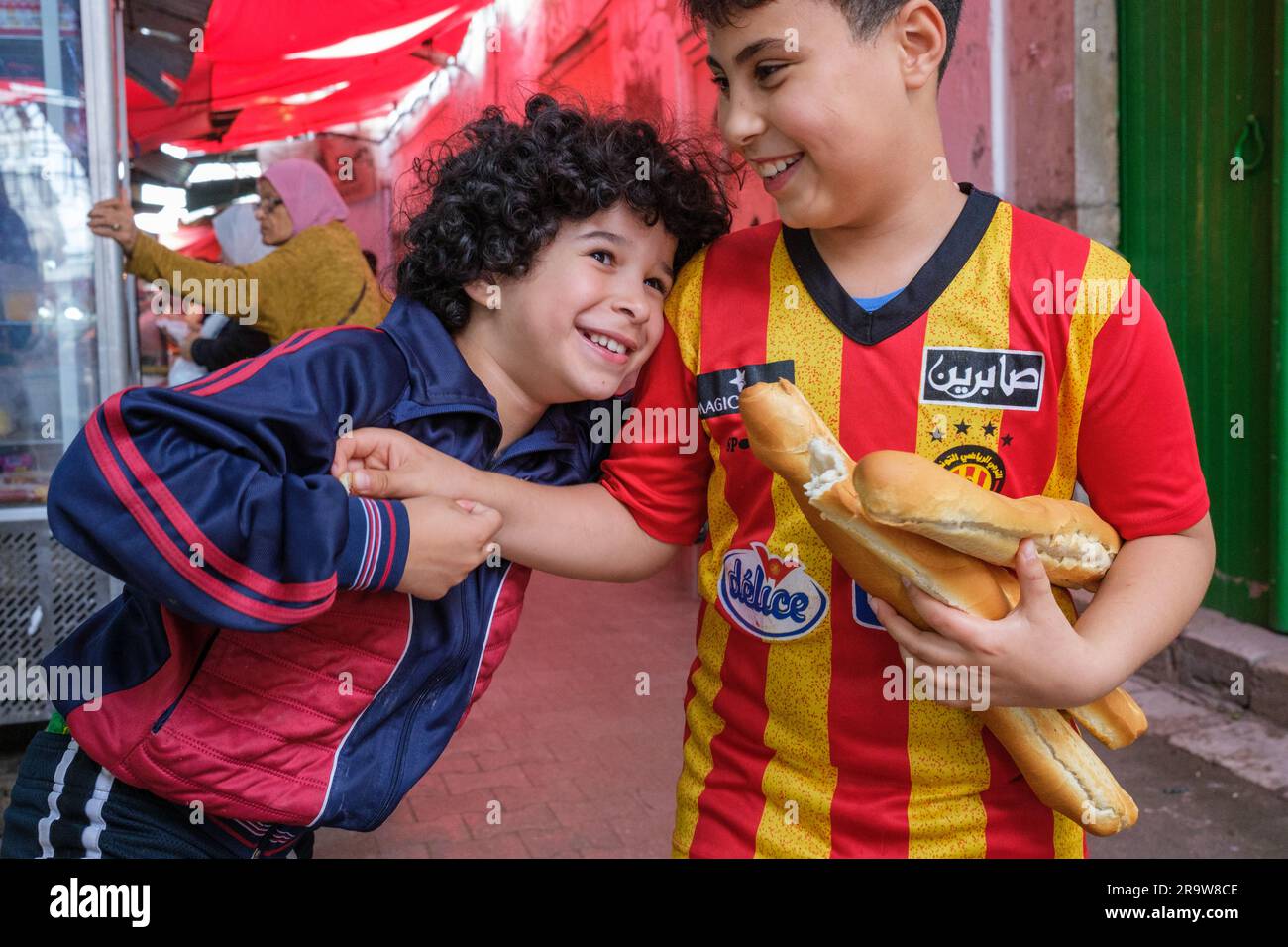 Young boys in the streets of Sousse, Tunisia Stock Photo