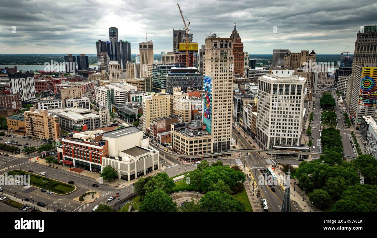 Downtown Detroit- the City Center from above - aerial drone photography - DETROIT, MICHIGAN - JUNE 11, 2023 Stock Photo