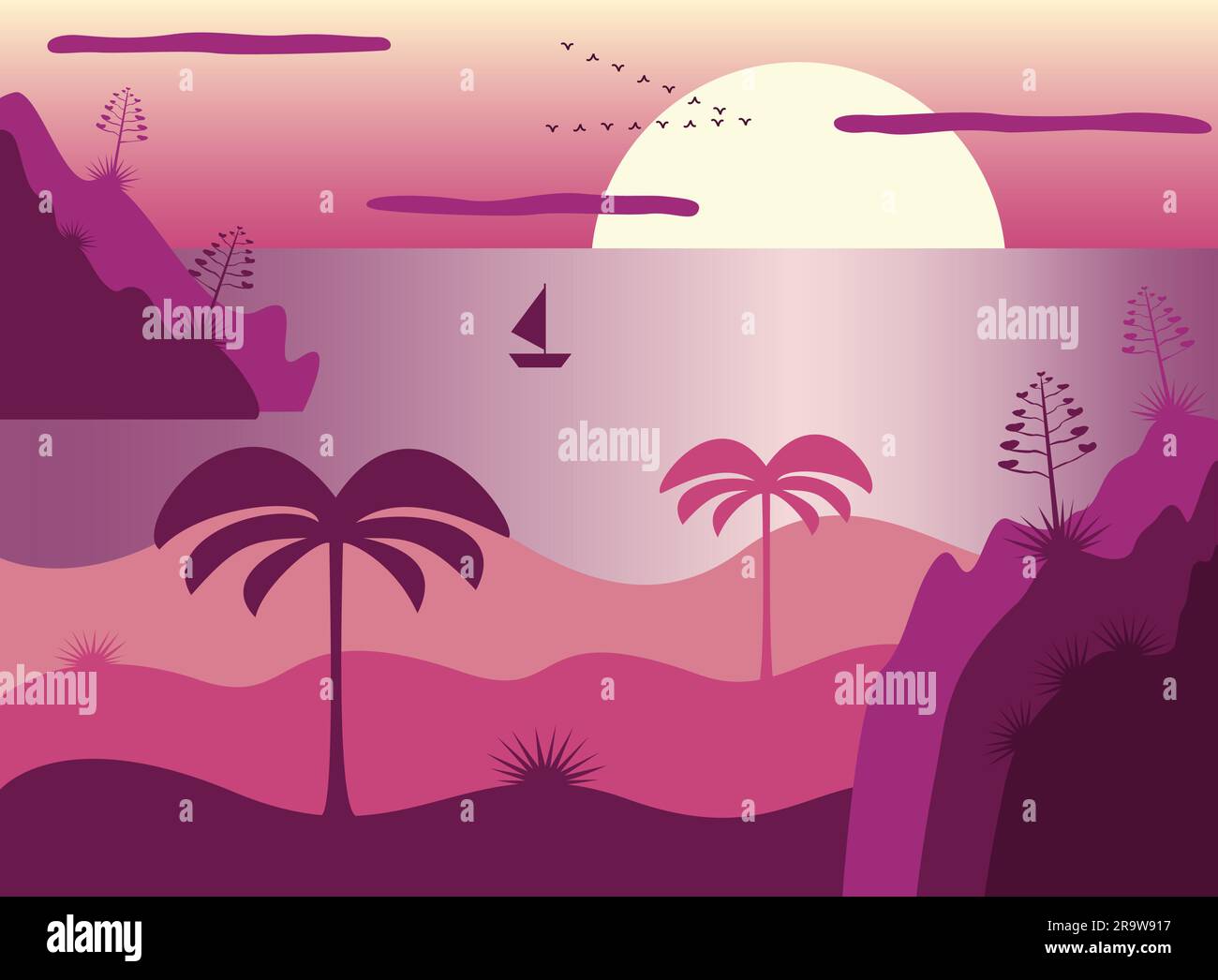 Sea, palm trees, sky and sun in a flat style. Rocks, agaves, a boat and birds flying on the horizon. The pink and violet colors of sunset. Stock Vector