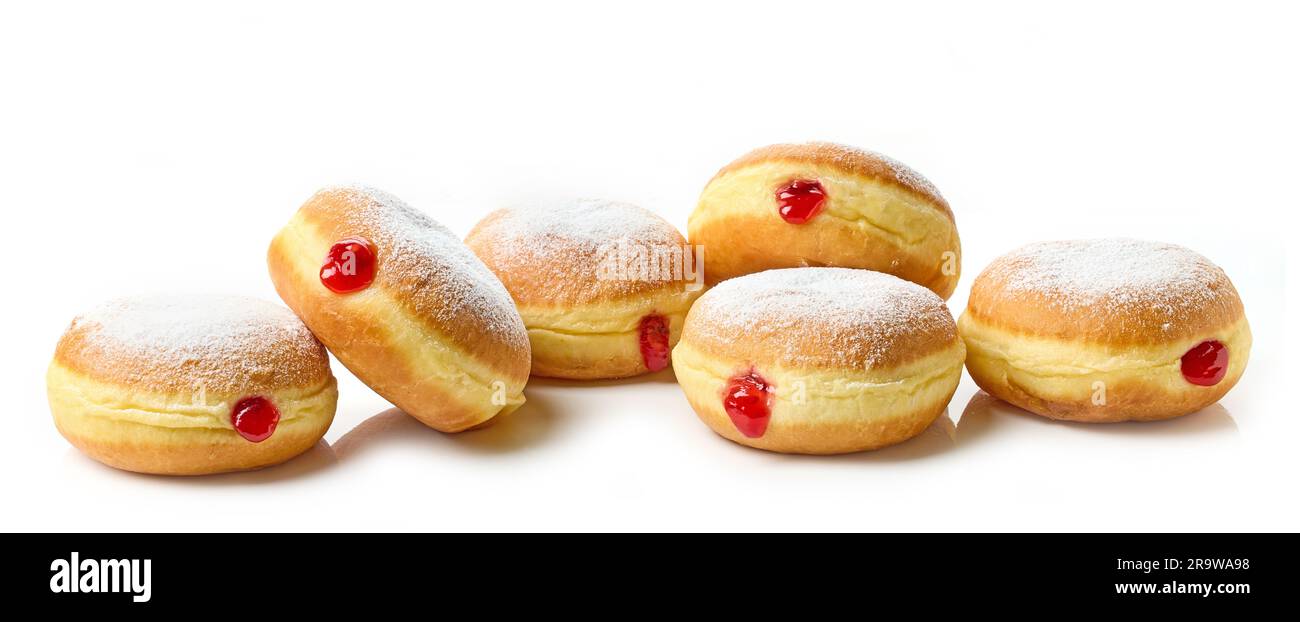 freshly baked jelly donuts isolated on white background Stock Photo