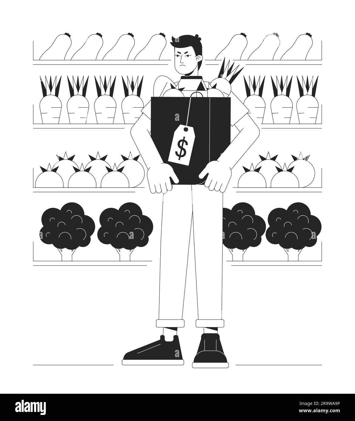 Unhappy man in grocery store bw concept vector spot illustration Stock Vector