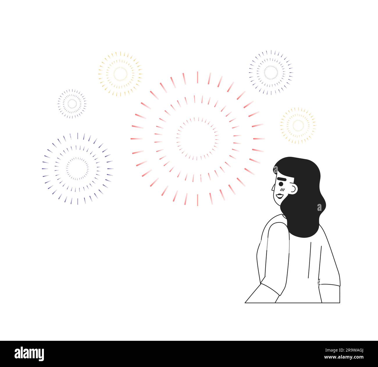 Young indian woman watching fireworks monochromatic flat vector character Stock Vector