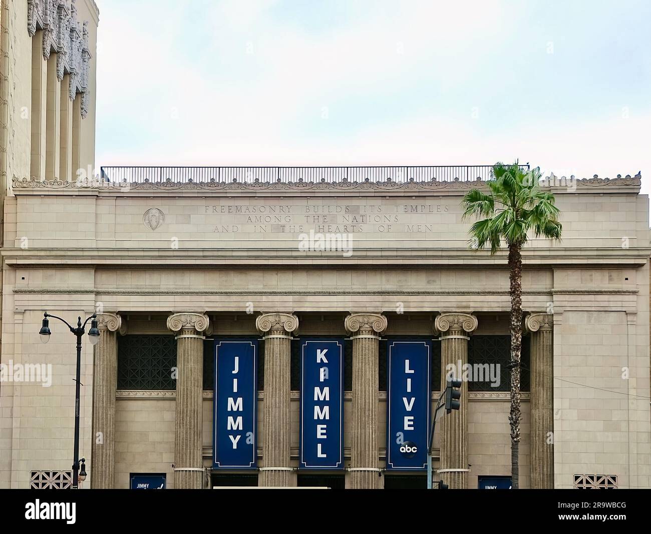 Jimmy Kimmel Live! signs at the Hollywood Masonic temple theatre Hollywood Boulevard Los Angeles California USA Stock Photo