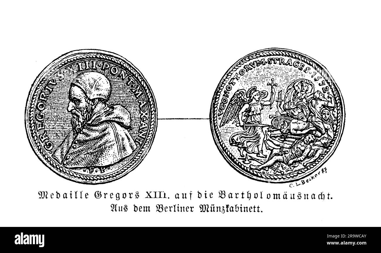 Medal with the portrait of pope Gregory III and the St. Bartholomew's night massacre, 16th century Stock Photo