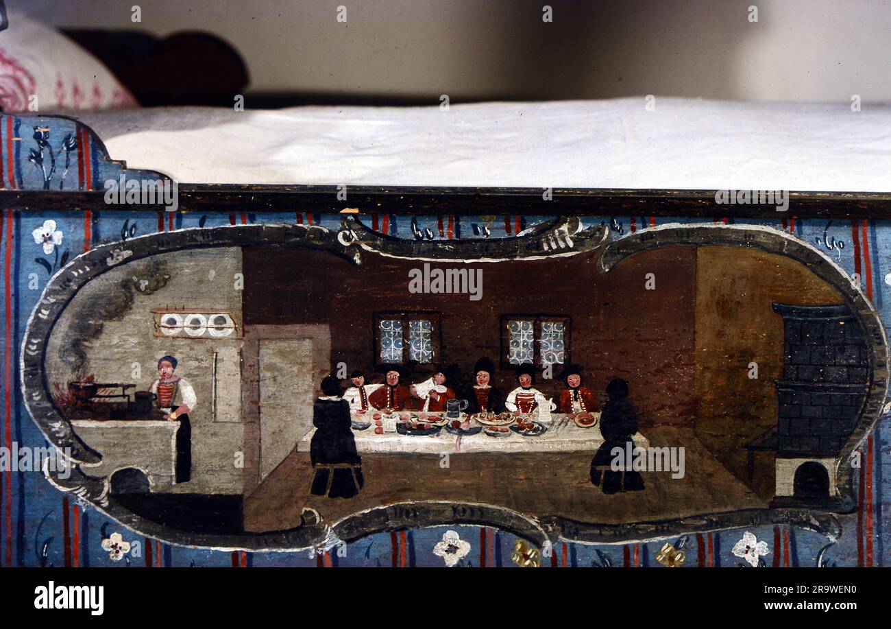 fine arts, furniture, canopy bed, side part with rural feast, by Johann Michael Mayer, Schliersee, 1778, ARTIST'S COPYRIGHT HAS NOT TO BE CLEARED Stock Photo