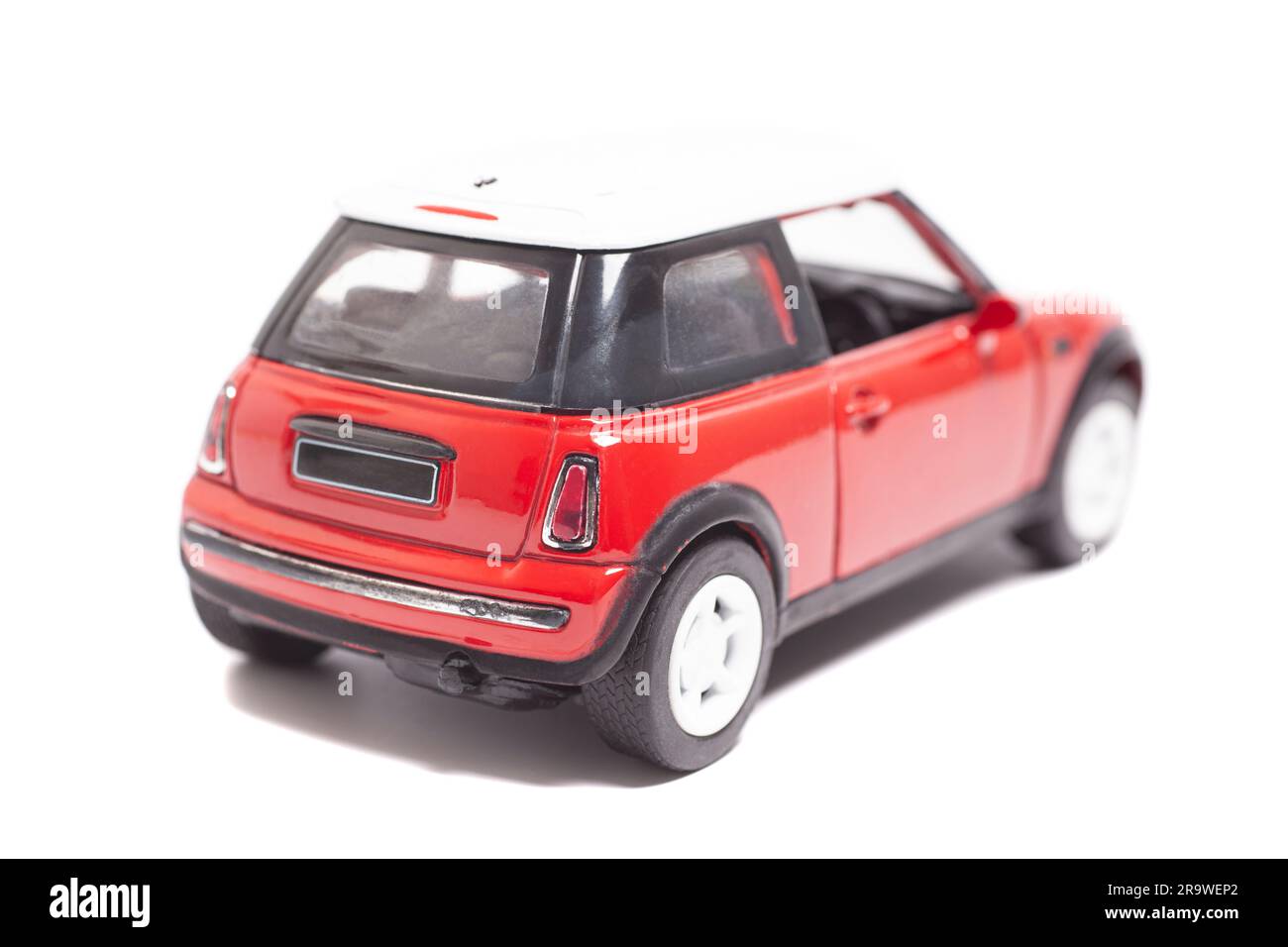 Red vintage mini car model,top view. Stock Photo