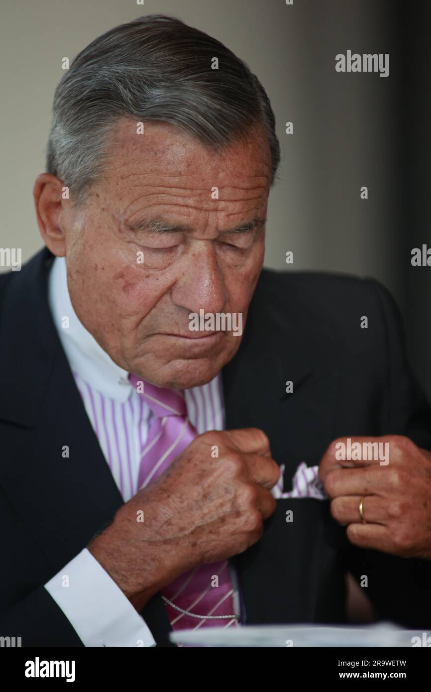 Halberstadt, Germany. 28th June, 2023. Wolfgang Grupp, the owner and CEO of the textile company Trigema, talks to entrepreneurs from the Harz region during a lecture in Halberstadt. Wolfgang Grupp is 81 years old. Credit: Matthias Bein/dpa/Alamy Live News Stock Photo