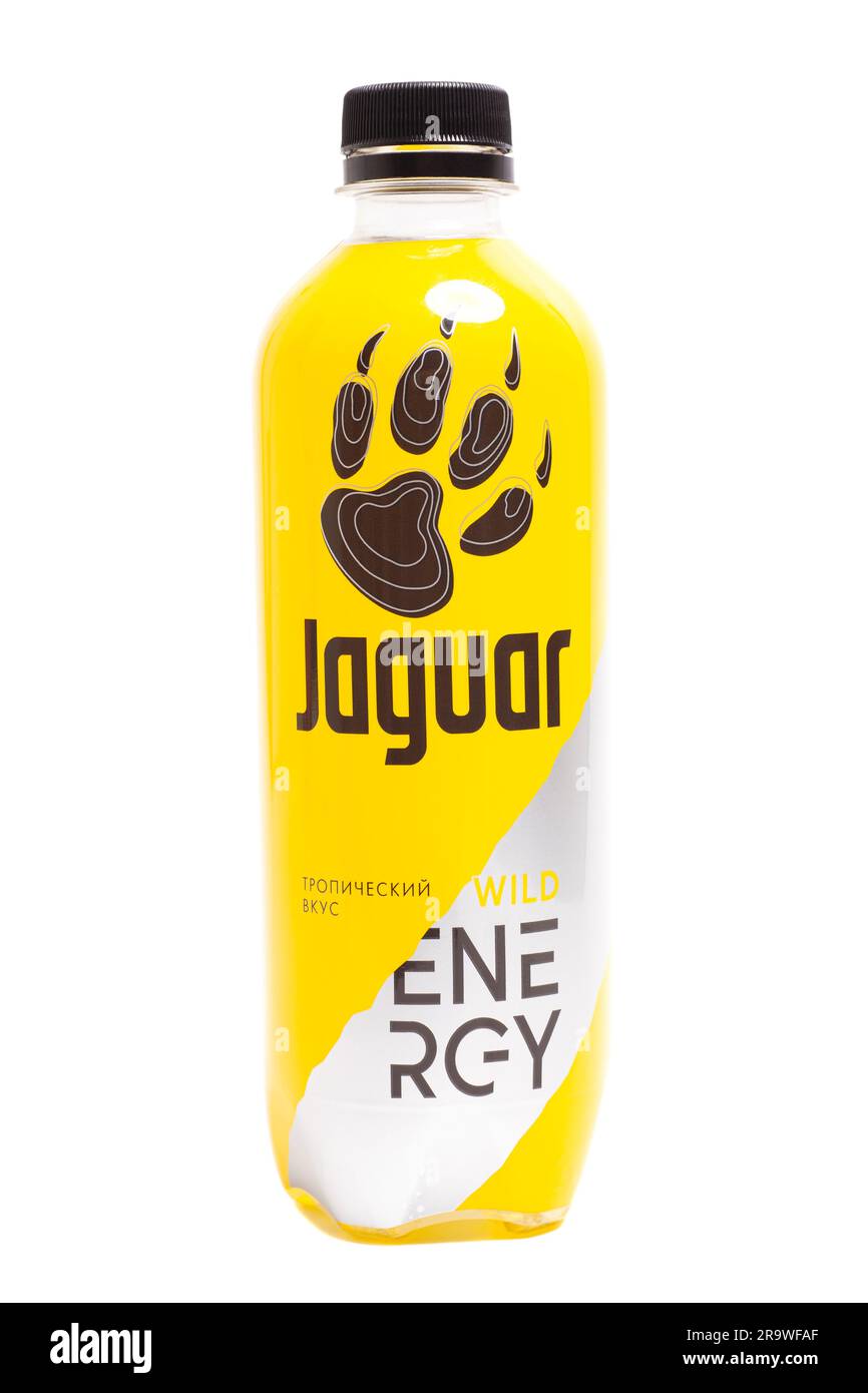 Moscow, Russia, June 27, 2023 Jaguar Wild energy drink, tropical taste