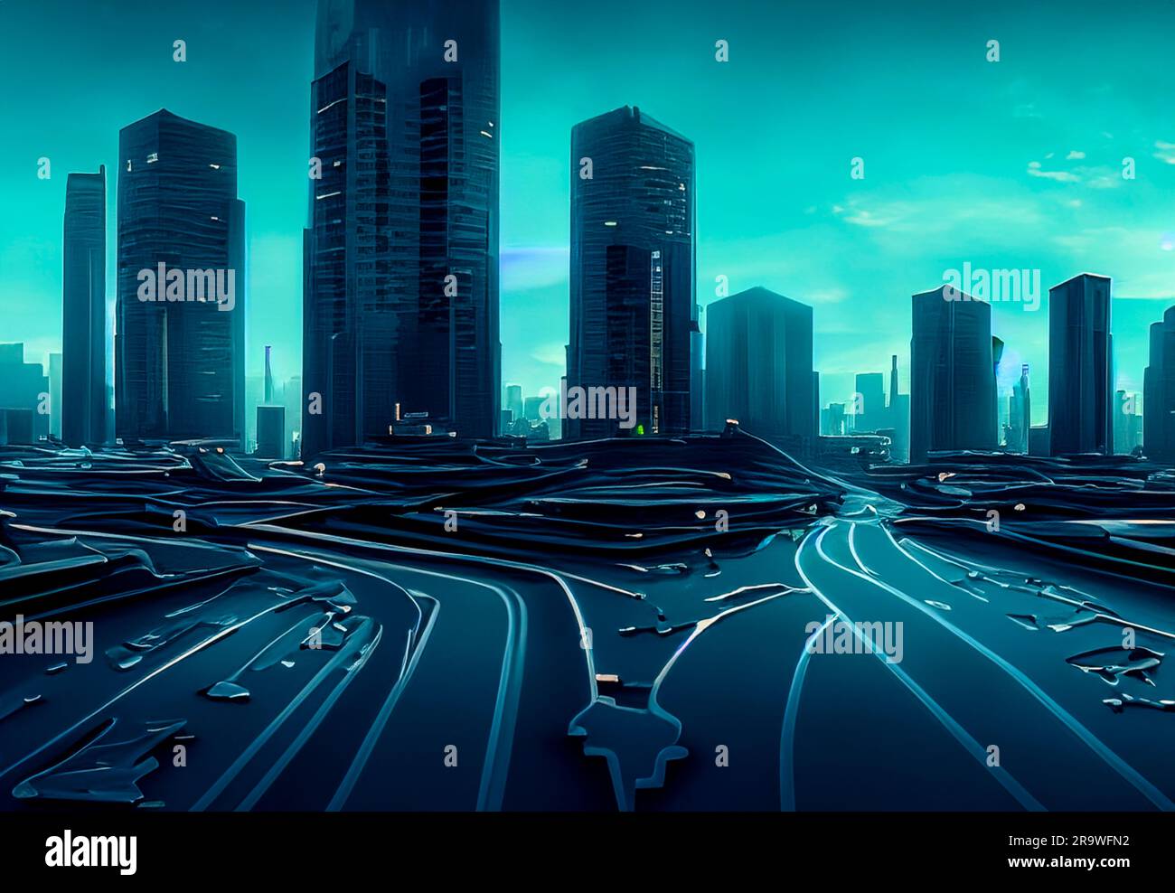 Beautiful Cyberpunk Cityscape, Glitchy Animation style