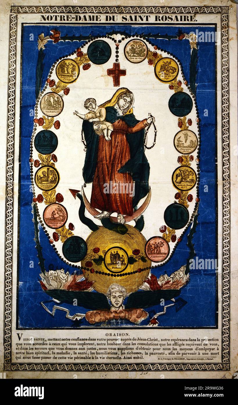 religion, Christianity, Madonna / Mary with child, Madonna of the Rosary, coloured woodcut, ADDITIONAL-RIGHTS-CLEARANCE-INFO-NOT-AVAILABLE Stock Photo