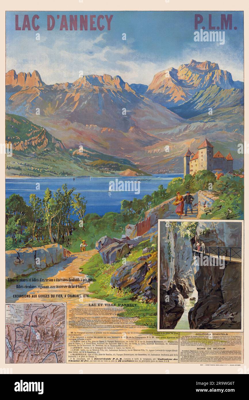 Lac d'Annecy. P.L.M. [Paris - Lyon - Méditerranée] by Henry Tanconville Ganier, (1845-1936). Poster published in 1890 in France. Stock Photo