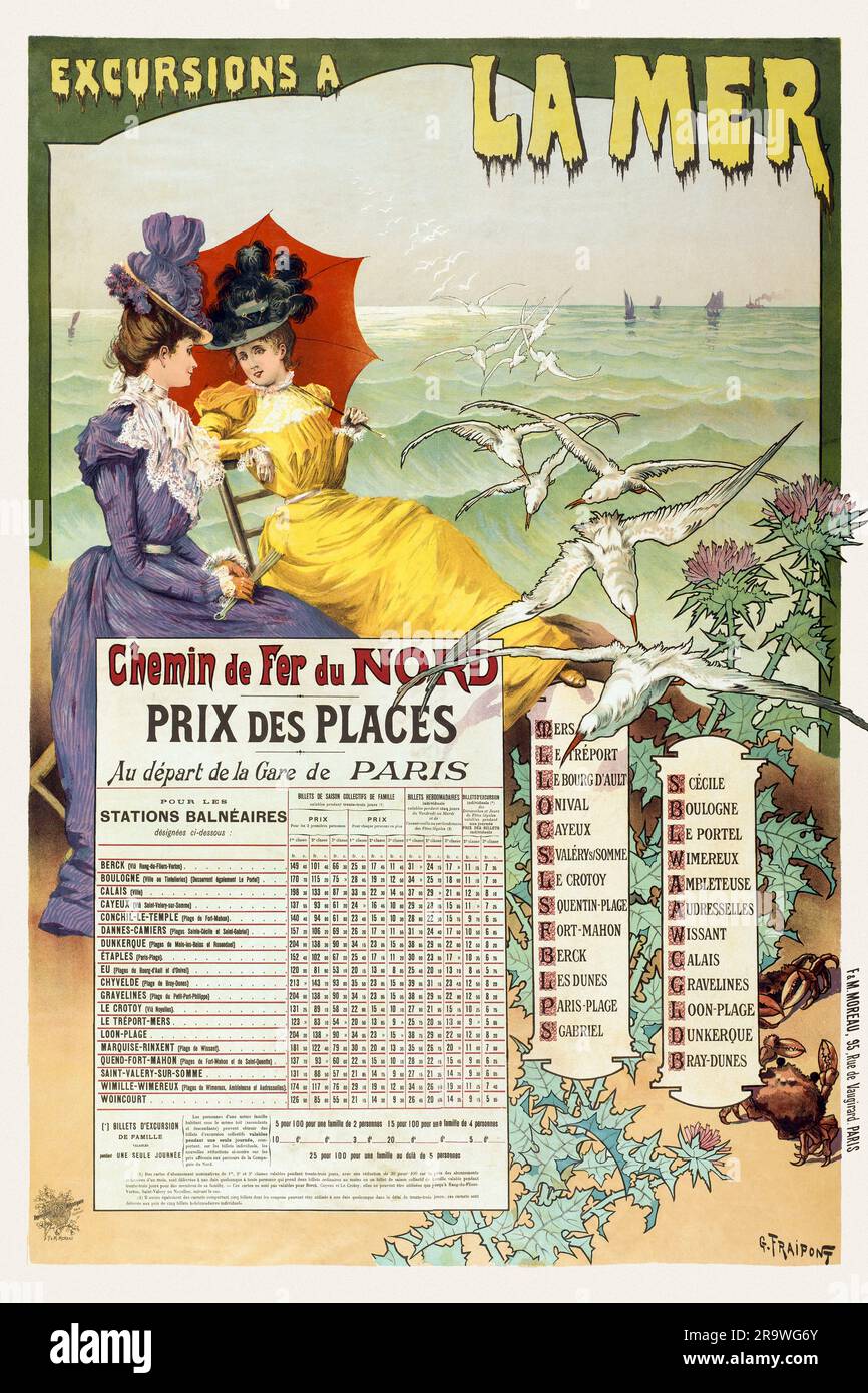 Excursions à la mer. Chemin de fer du Nord. Prix des places au depart de Paris by Gustave Fraipont (1849-1923). Poster published in 1895 in France. Stock Photo