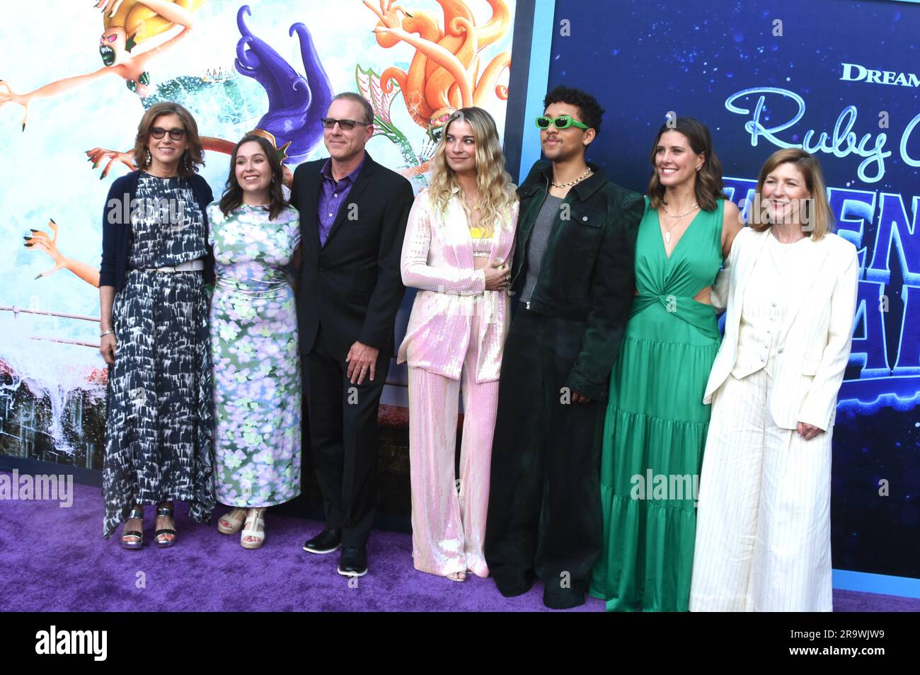 Los Angeles, California. 28th June 2023 (L-R) President of Dreamworks Margie Cohn. Co-Director Faryn Pearl, Director Kirk DeMicco, Actress Annie Murphy, Actor Jaboukie Young-White, Producer Kelly Cooney Ciella, and Kristin Lowe attend Universal Pictures Ruby Gillman: Teenage Kraken Premiere at TCL Chinese Theatre on June 28, 2023 in Los Angeles, California, USA. Photo by Barry King/Alamy Live News Stock Photo