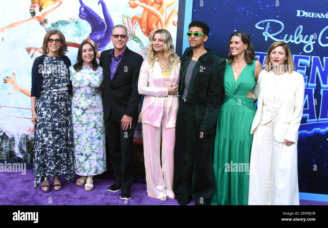 Los Angeles, California. 28th June 2023 (L-R) President of Dreamworks Margie Cohn. Co-Director Faryn Pearl, Director Kirk DeMicco, Actress Annie Murphy, Actor Jaboukie Young-White, Producer Kelly Cooney Ciella, and Kristin Lowe attend Universal Pictures Ruby Gillman: Teenage Kraken Premiere at TCL Chinese Theatre on June 28, 2023 in Los Angeles, California, USA. Photo by Barry King/Alamy Live News Stock Photo