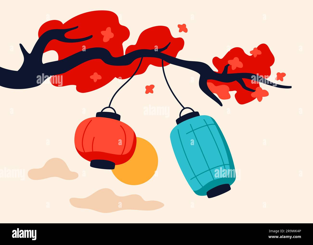 Paper lanterns on a branch - modern colored vector illustration Stock Vector