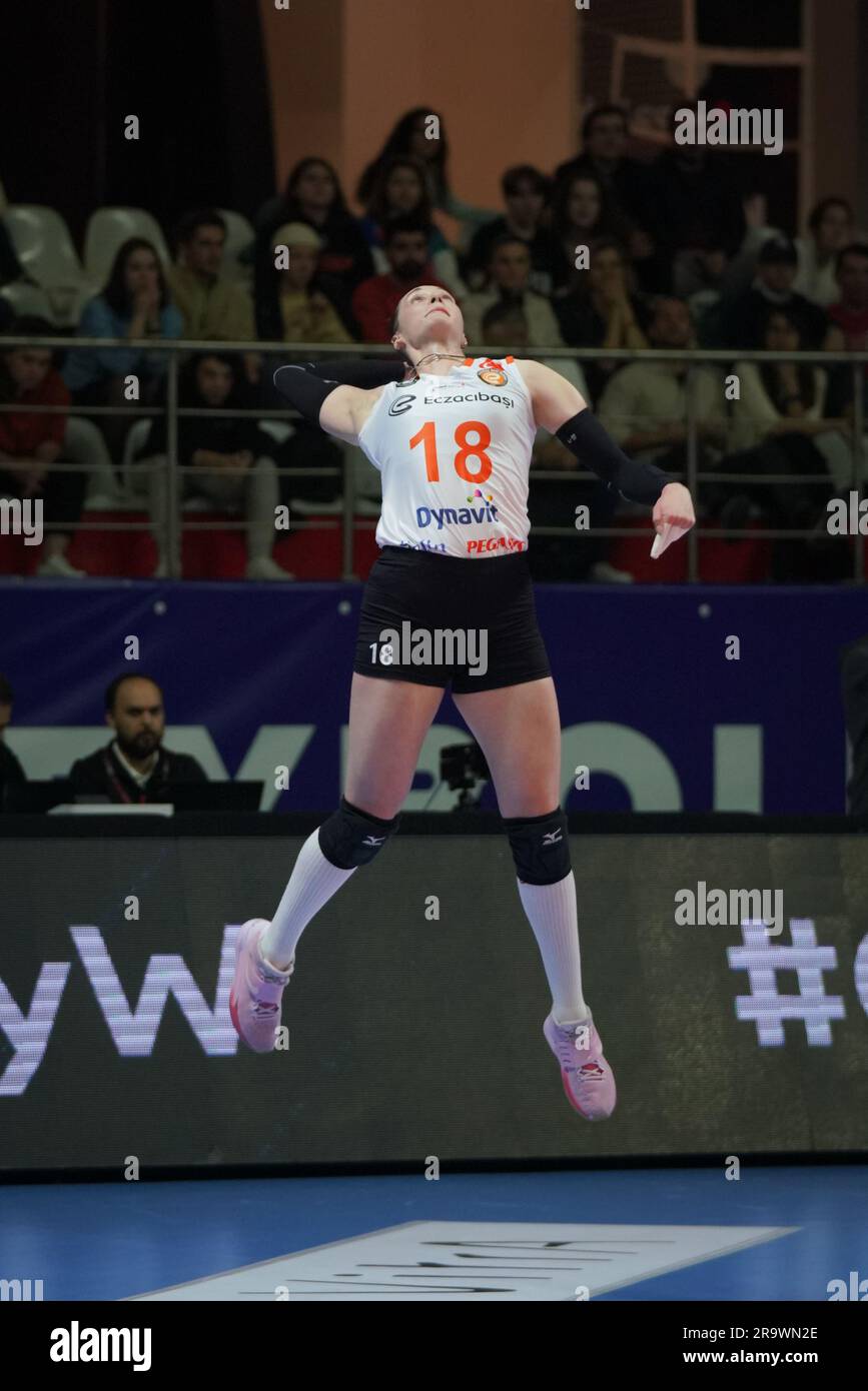 ISTANBUL, TURKIYE - JANUARY 11, 2023: Irina Voronkova serves during ...