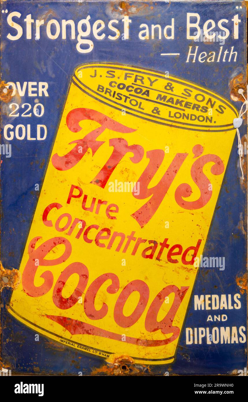 Vintage Fry's pure concentrated cocoa enamel sign, J S Fry cocoa makers Bristol and London, UK Stock Photo