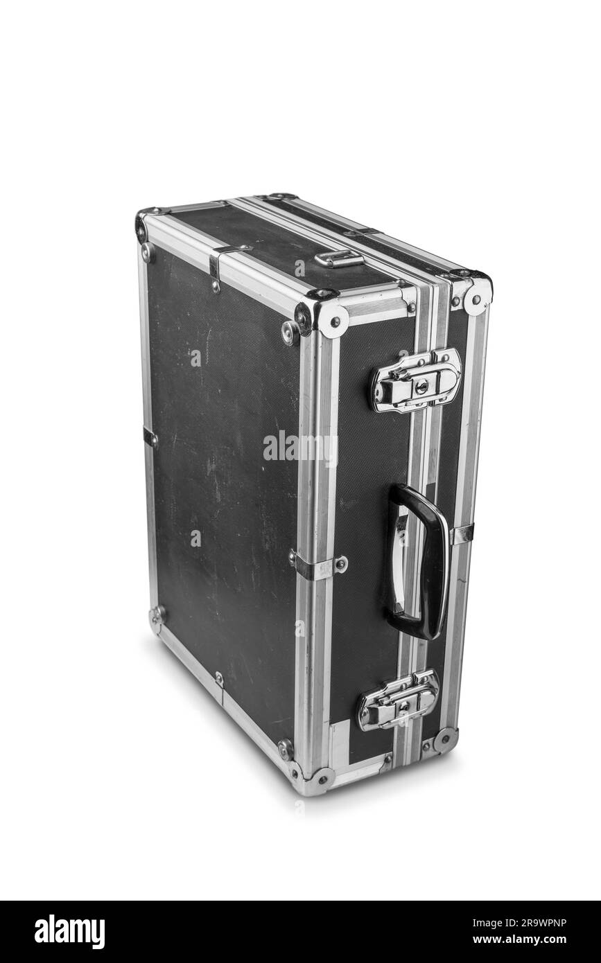 An old used aluminum photo flycase having travel several times around