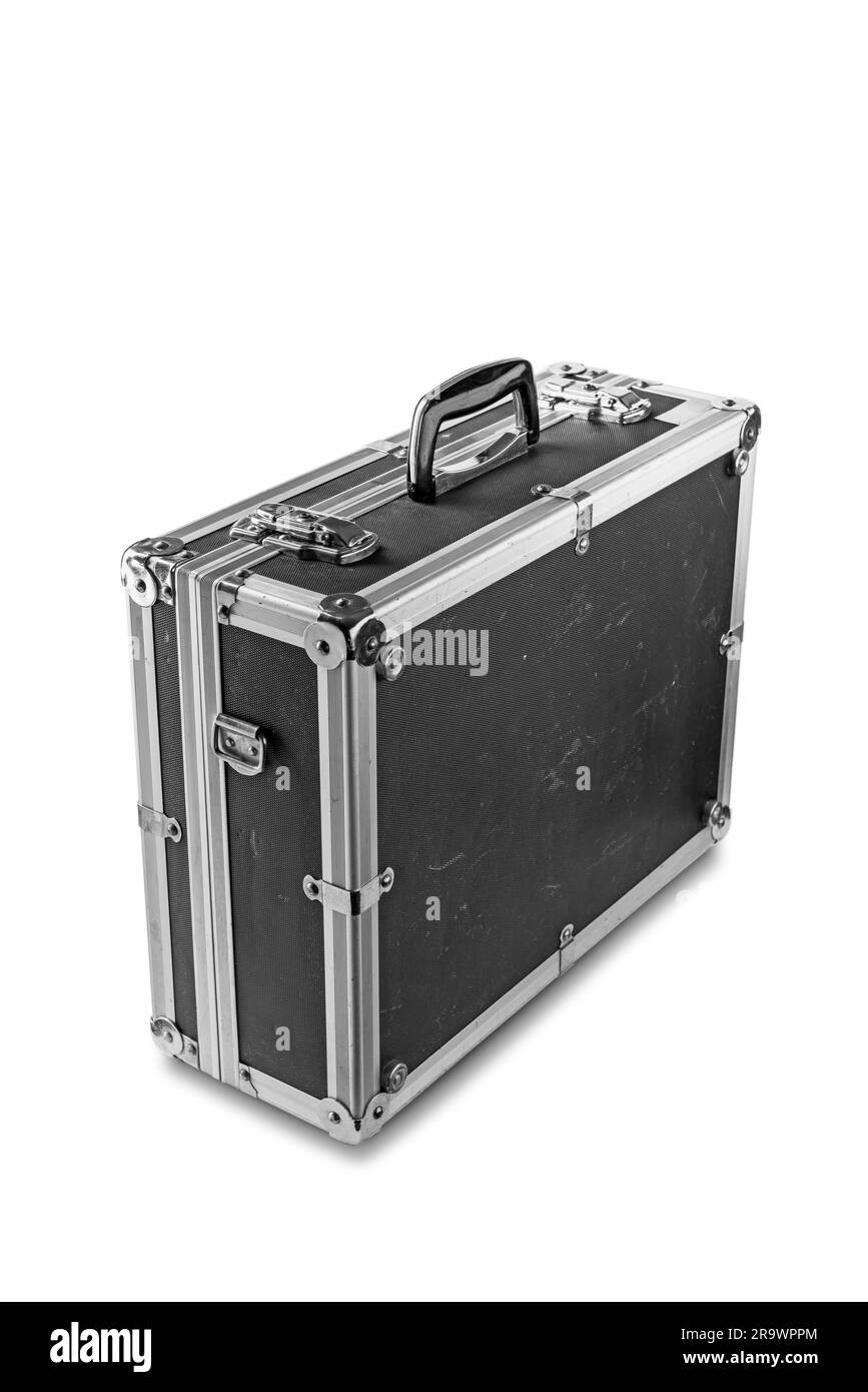 An old used aluminum photo flycase having travel several times around