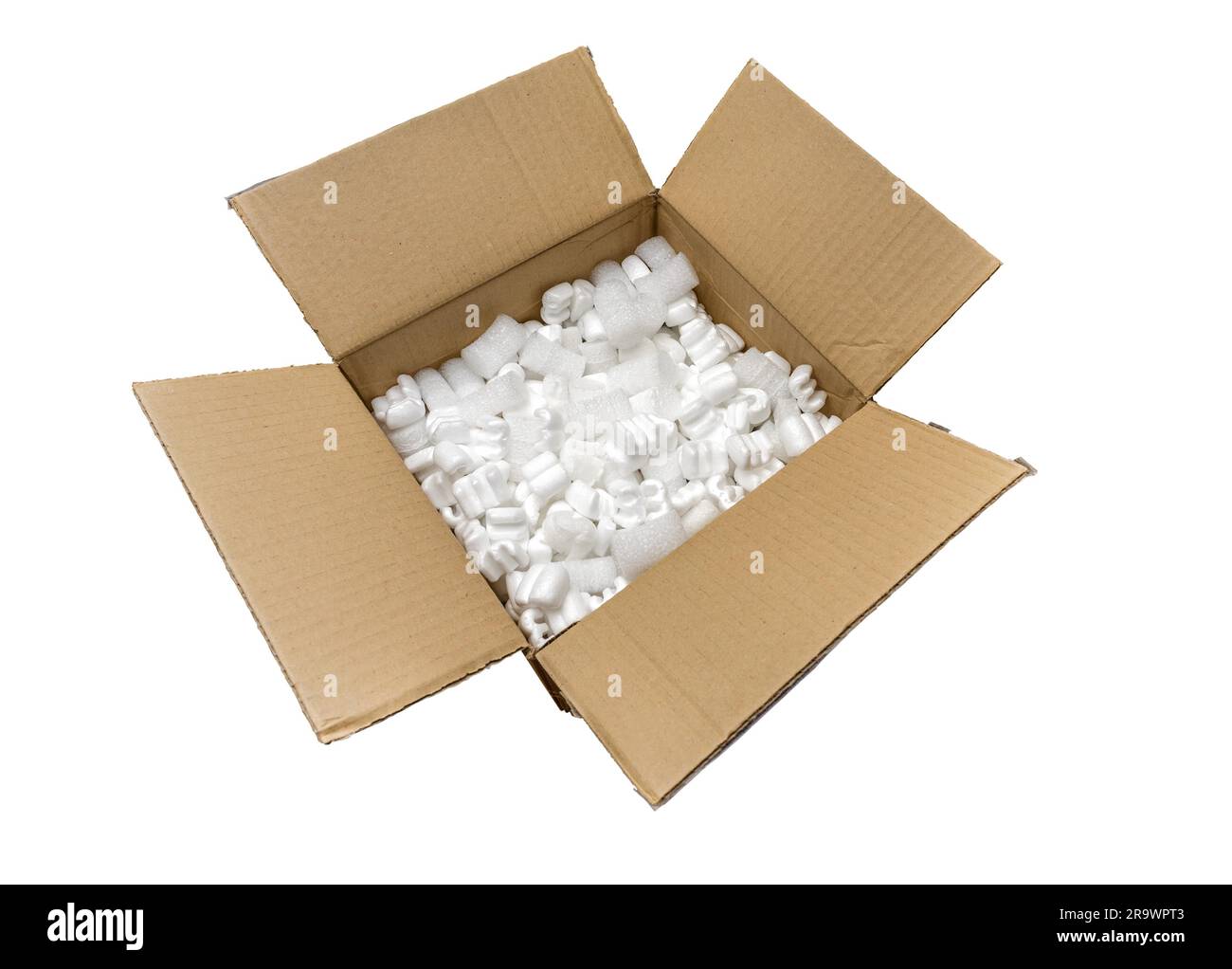 Fill packaging peanuts and bubble pack in a cardboard box, isolated on
