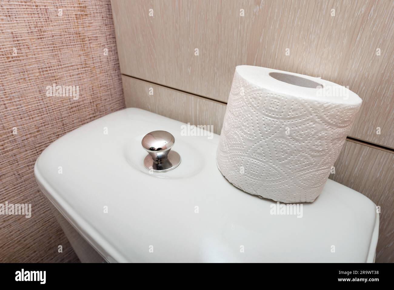 A soft white hygienic toilet paper roll is put on the flush, in the