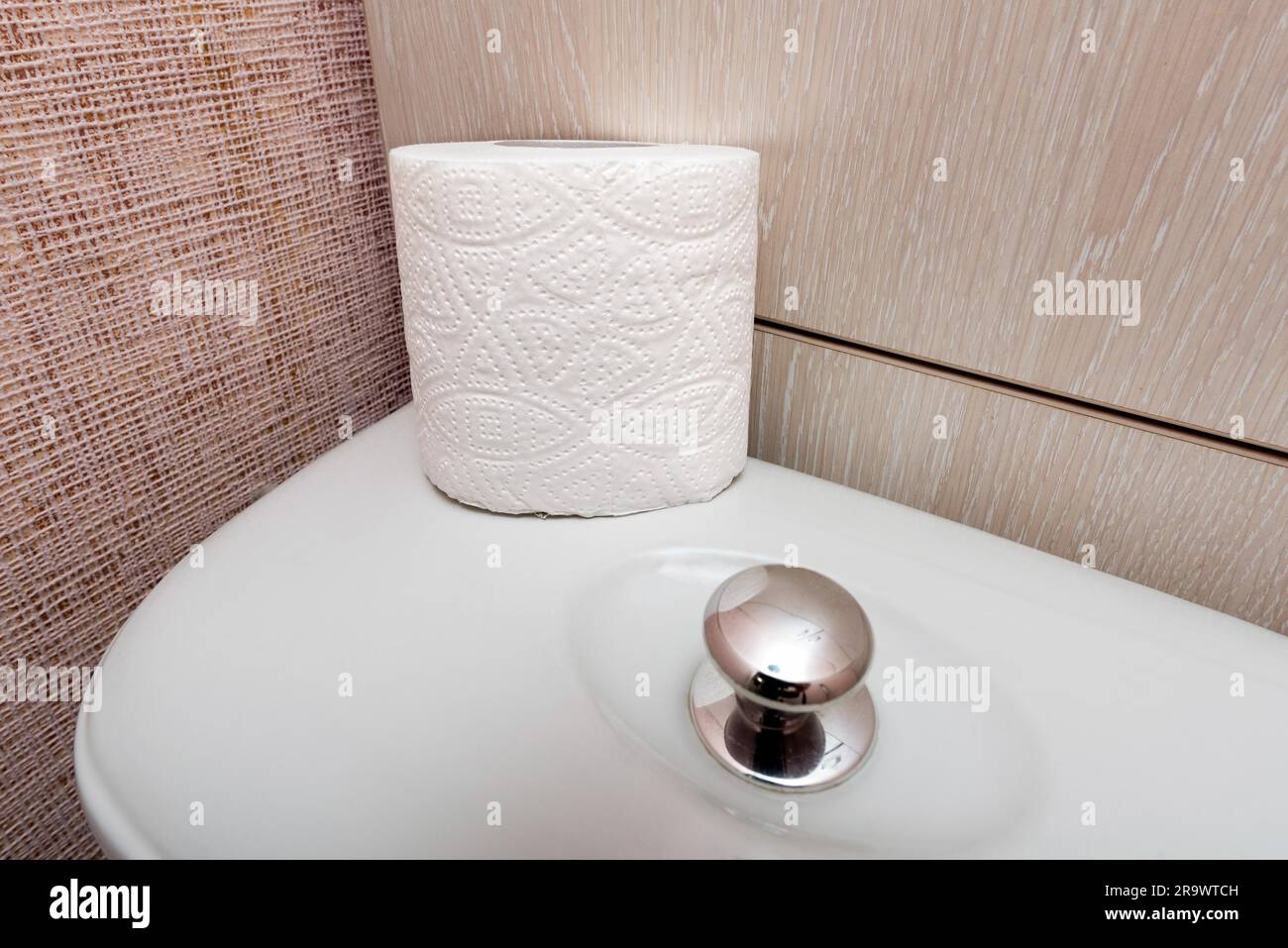 A soft white hygienic toilet paper roll is put on the flush, in the