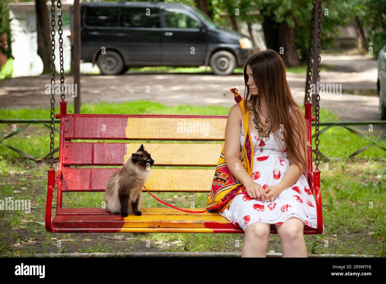 Color point cat being suspicious of its owner. Young lady trying to earn trust of her cat. An animal and a human sitting on a swing in a park, looking - Stock Image