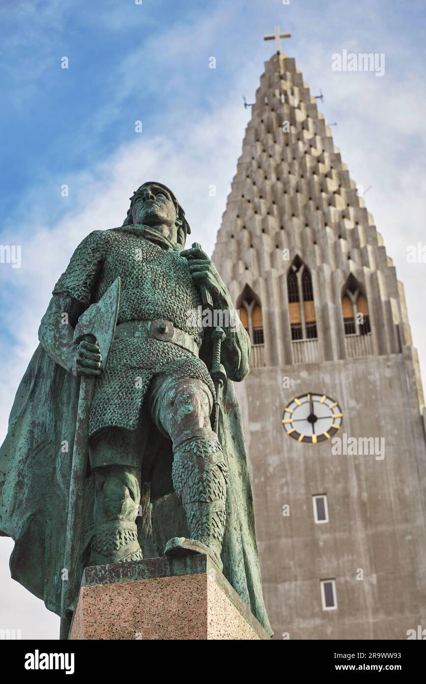 A statue of Leifur Eriksson the Viking founder of Iceland, in front of