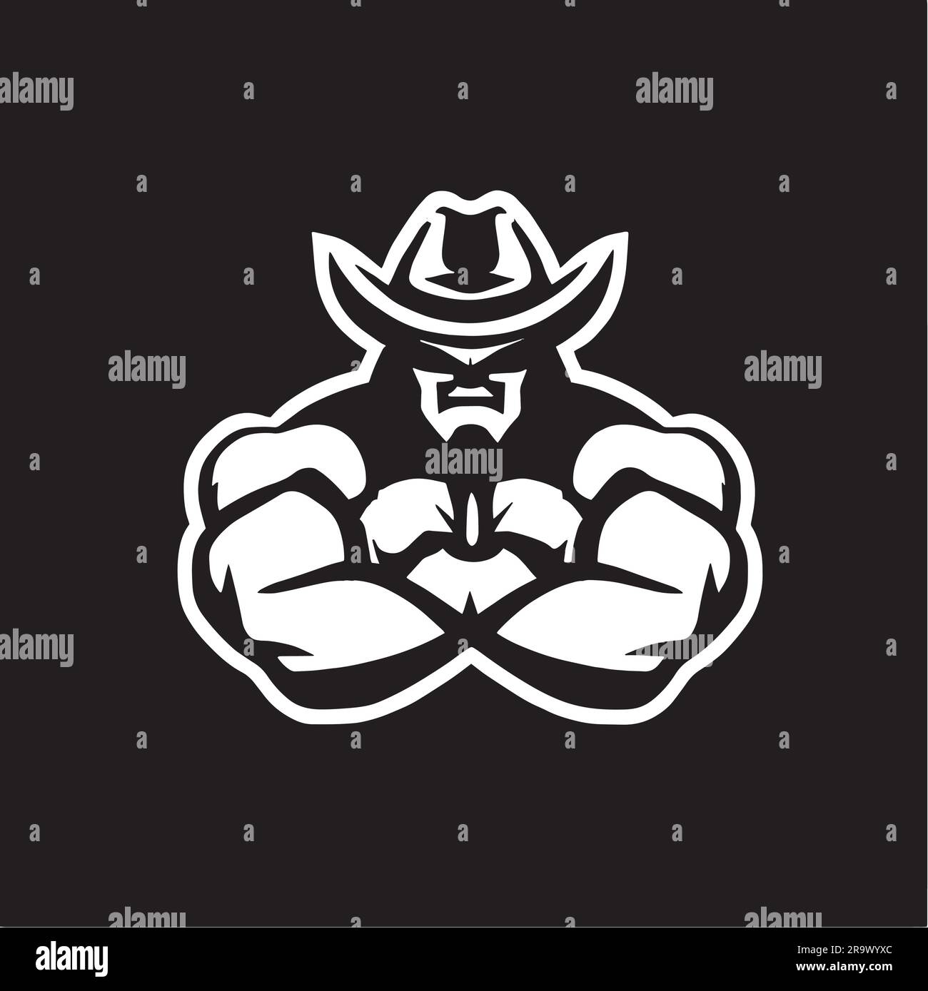 ilustração logo de musculação preto e branca com chapéu de cowboy Stock Vector