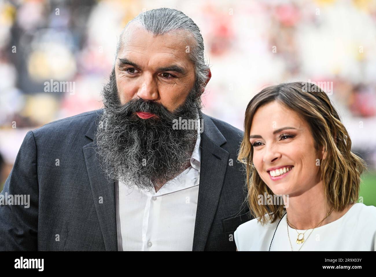 Sebastien CHABAL and Isabelle ITHURBURU during the French championship Top 14 rugby union Final match between Stade Toulousain (Toulouse) and Stade Rochelais (La Rochelle) on June 17, 2023 at Stade de France in Saint-Denis, France - Photo Matthieu Mirville / DPPI Stock Photo