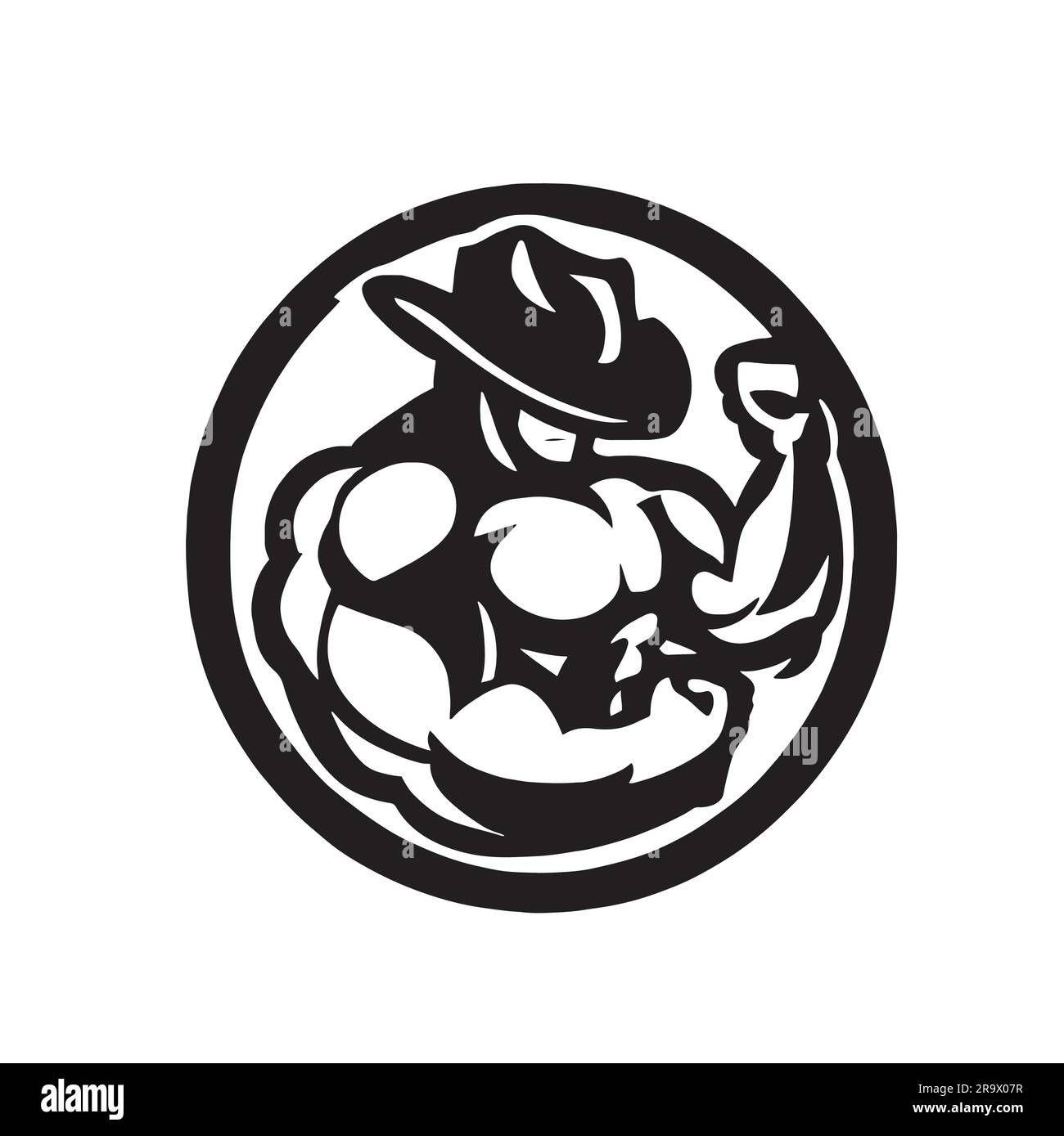 ilustração logo de musculação preto e branca com chapéu de cowboy Stock Vector