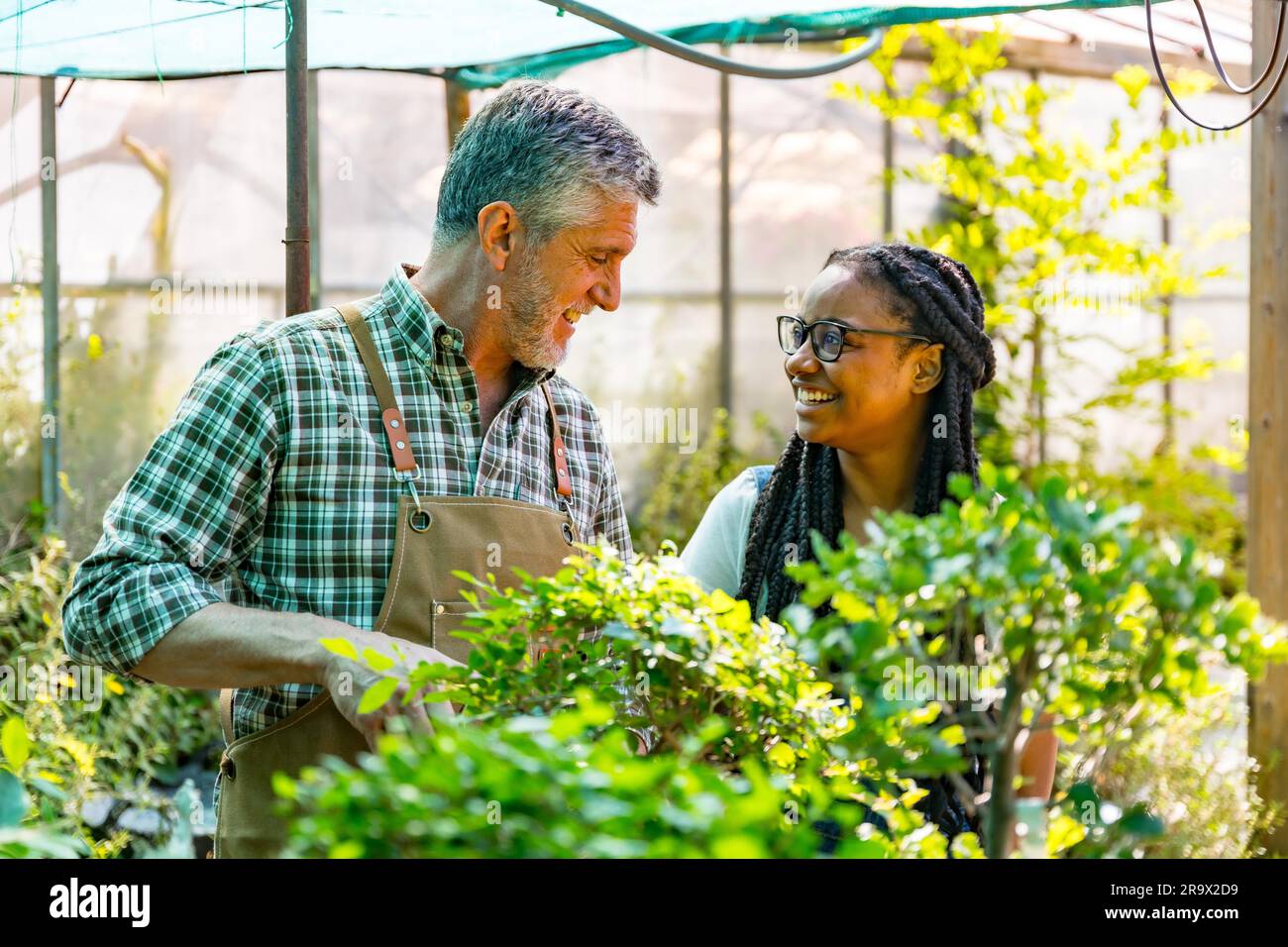Master gardener teaching schoolgirl flower nursery in greenhouse