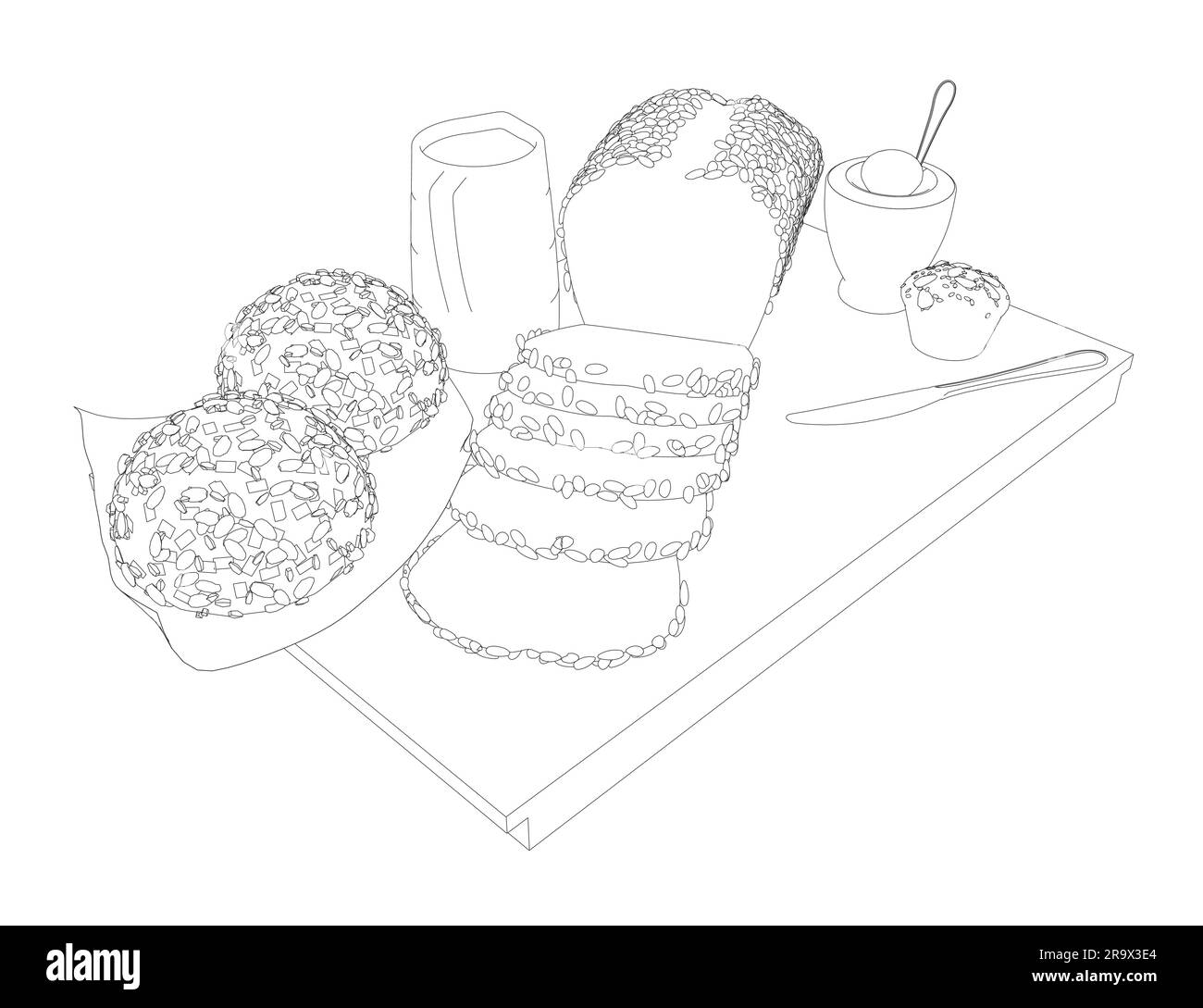 Outline breakfast style drawings. Vector hand drawn set breakfast. Jug of milk, coffee pot, cup, juice, sandwich. Pancakes, toast with jam for design Stock Vector