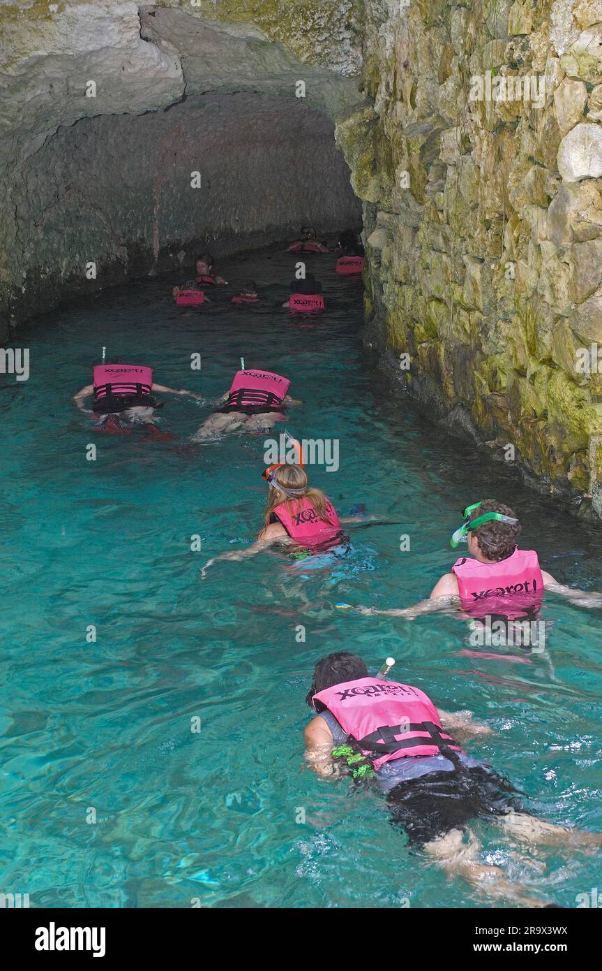 Visitors in underground river, Yucatan, underground, Xcaret Eco Park, near Playa del Carmen, Riviera Maya, Quintana Roo, Yucatan, Mexico Stock Photo