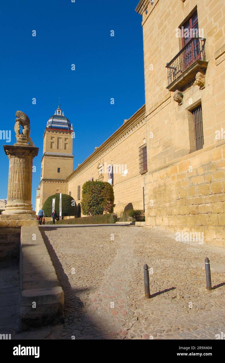 Column, in front of Hospital de Santiago, 16th century, Ubeda, province of Jaen, Andalusia, Spain Stock Photo