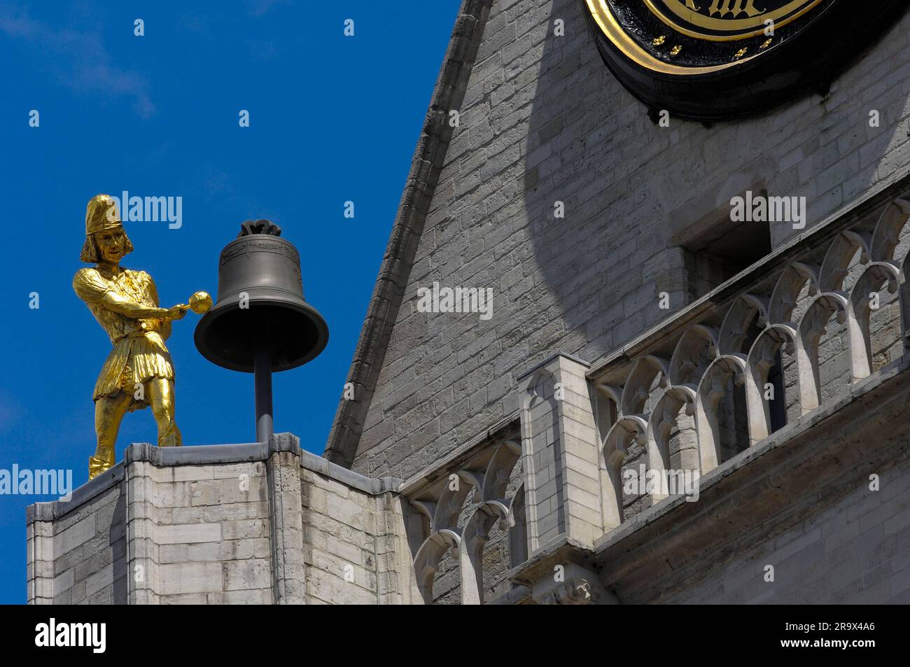 Gold figure with bell, Louvain, Leuven, Grote, -skerk, Church, Sint Pieterskirche, Great Market, Leuven, Flemish Brabant, Flanders, Belgium Stock Photo
