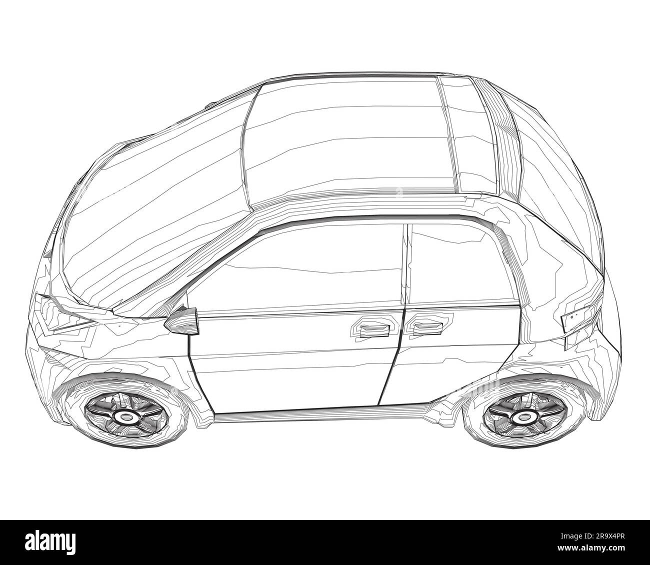 Vector flat illustration of contour small car. City car blueprint. Blank compact car template for branding or advertising. Food delivery car. Stock Vector