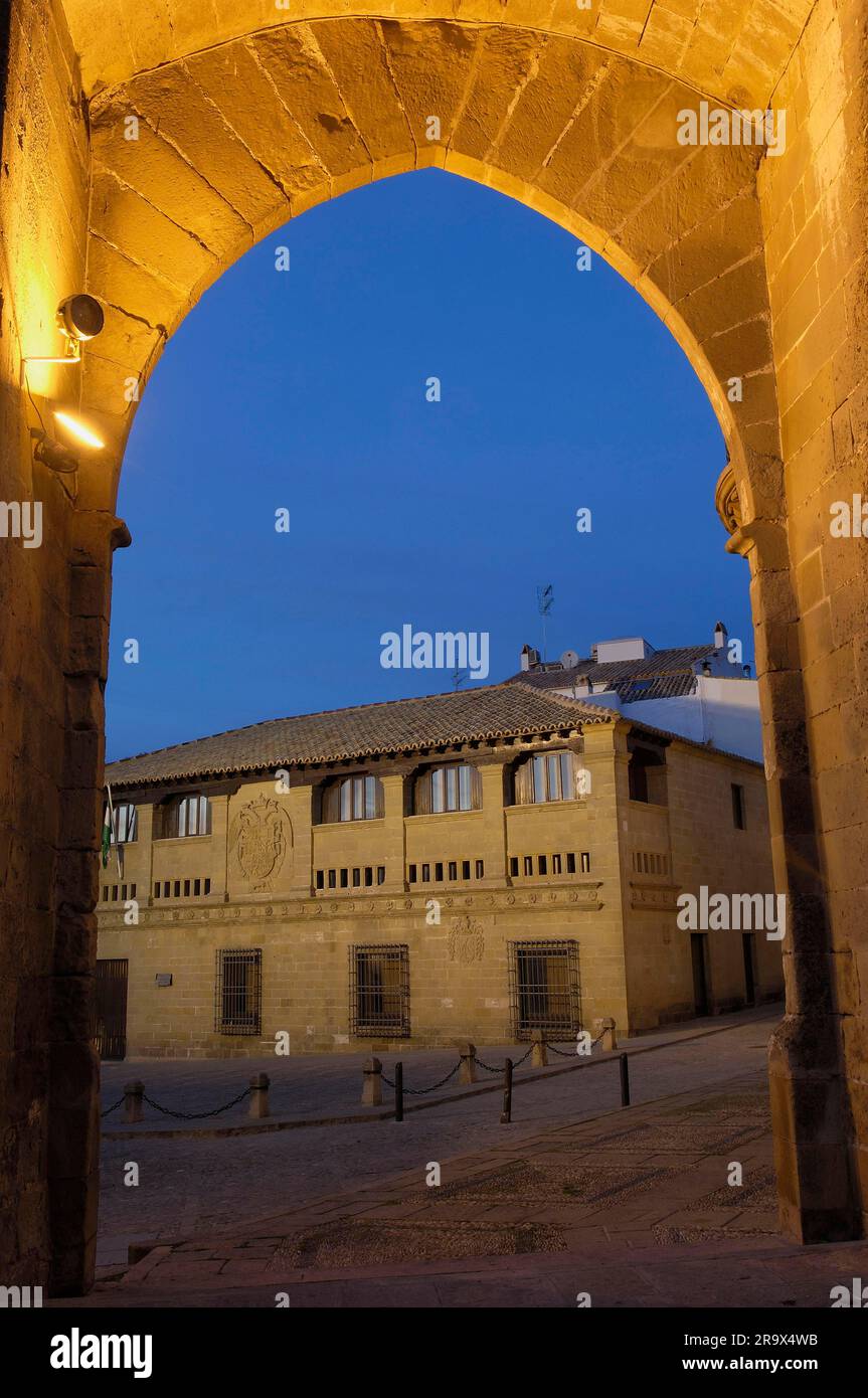 Jaen city gate, Puerta, view of old butcher's shop 'Antigua Carniceria', Plaza del Populo, Baeza, Jaen, Andalucia, Spain Stock Photo