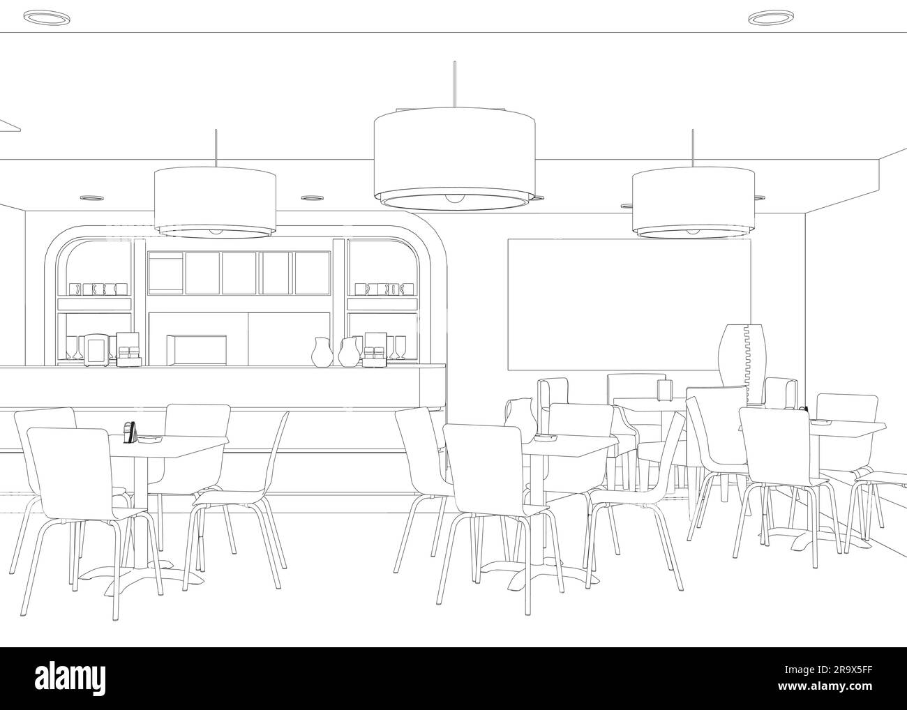 Modern Restaurant. Contour of furnished interior of fancy restaurant or bistro hand drawn with contour lines on white background. Rough drawing of mod Stock Vector